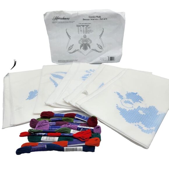 Herrschners Set of 5 Dresser Scarves Kit Stamped Cross Stitch Garden Walk NOS - Picture 1 of 10